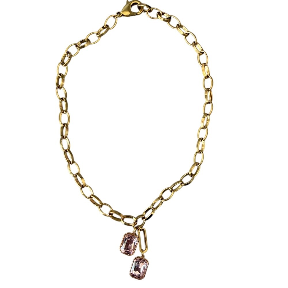 Gold‎ Plated Chain Necklace with Pink CZ Topaz Charms Women's Fashion Jewelry